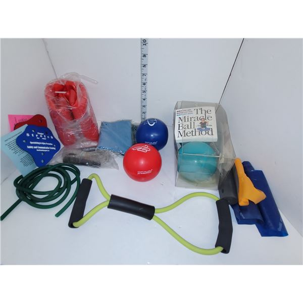 Box of Low Impact Exercise Equipment - Bands, Balls, Finger Stretches etc