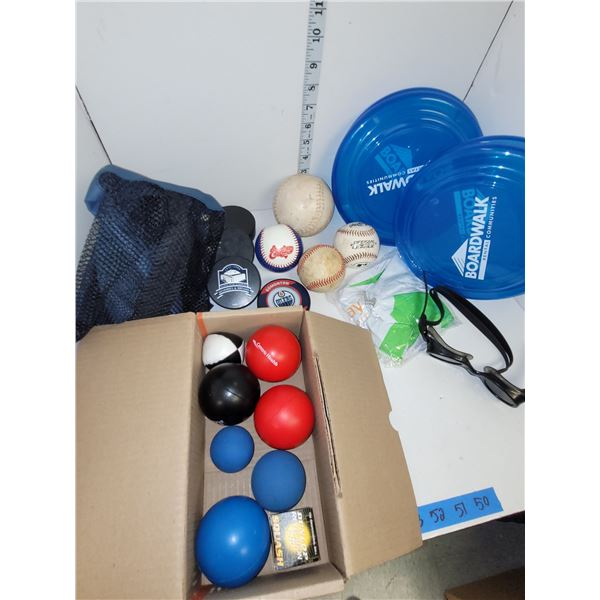Box of Balls, Hockey Pucks, Ball Bag etc
