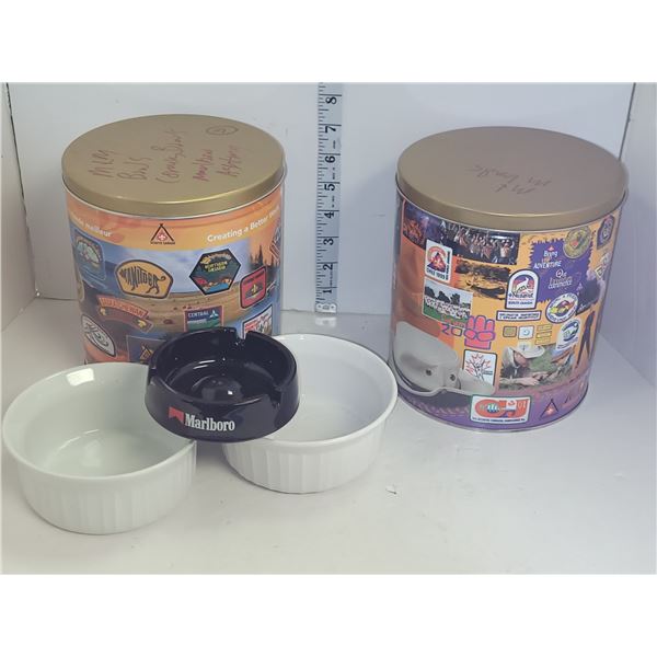 2 Vintage Boy Scout Tins; 2 Corelle Casserole Bowls; Marlboro Ashtray