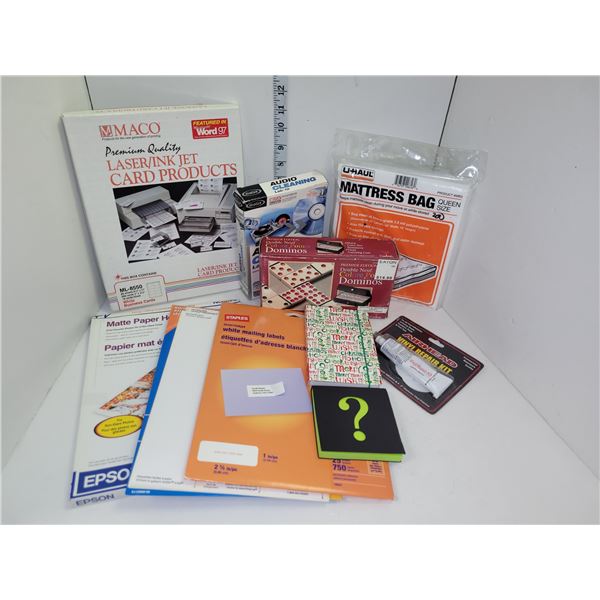 Misc Estate Lot - New Queen Mattress Bag; Dominoes; Mailing Labels etc