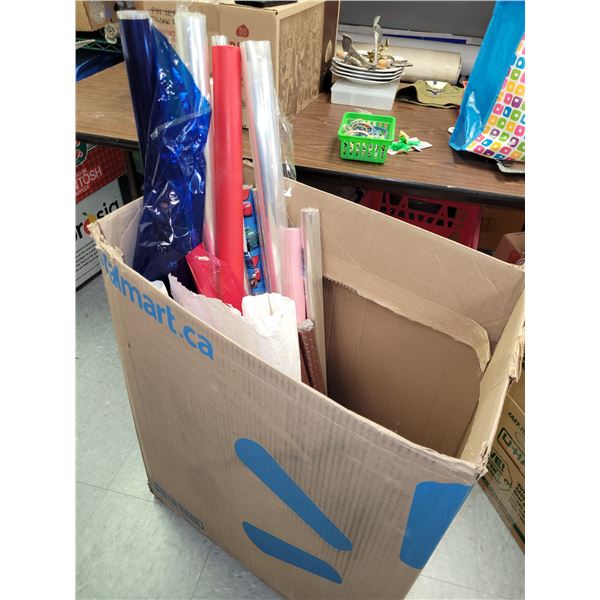 Box of Various Wrapping Paper, Celophane, Plastic Table Cloth Roll - Lots still left on rolls