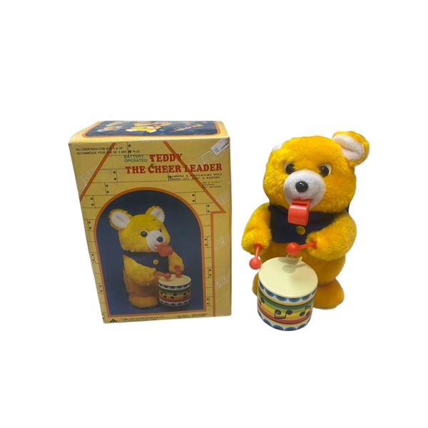 Vintage Teddy The Cheer Leader Drumming Toy With Original Box