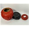 Image 2 : Vintage Cinnabar Lidded Jar, On Wood Base