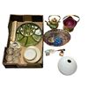 Image 1 : Box Full Of Assorted Collectibles, Brass Teapot, Salt And Peppers, Shades, Bowls & Platters