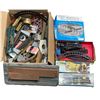 Image 1 : Box Full Of Assorted Model Train Equipment, Tracks, Carts, Etc..