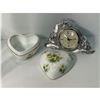 Image 3 : Assorted Collectibles, Hammersley Heart Shaped Trinket Box, Glass Vases, Glass Bowl & Desktop Clock