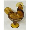 Image 2 : Vintage Pedestal Amber Glass Lidded Chicken Dish