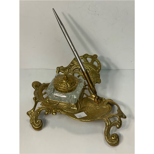 Ornate Brass Inkwell With Pen