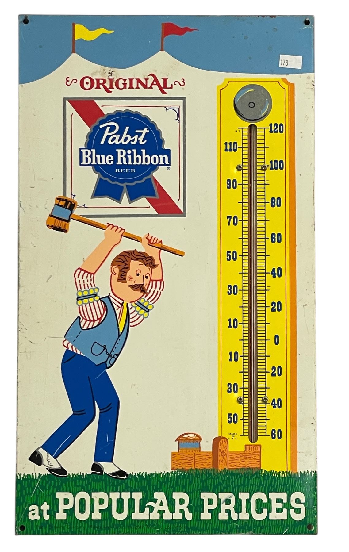 Vintage Pabst Blue Ribbon Tin Thermometer Advertising Sign