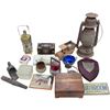 Image 1 : Box Full Of Assorted Collectibles, Lantern, Asian Jewelry Box, Decanter, Wooden Antique Truck Music 