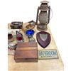 Image 2 : Box Full Of Assorted Collectibles, Lantern, Asian Jewelry Box, Decanter, Wooden Antique Truck Music 