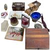 Image 3 : Box Full Of Assorted Collectibles, Lantern, Asian Jewelry Box, Decanter, Wooden Antique Truck Music 