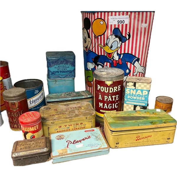 Large Assortment Of Vintage Tins & Mickey Mouse And Donald Duck Metal Trash Can