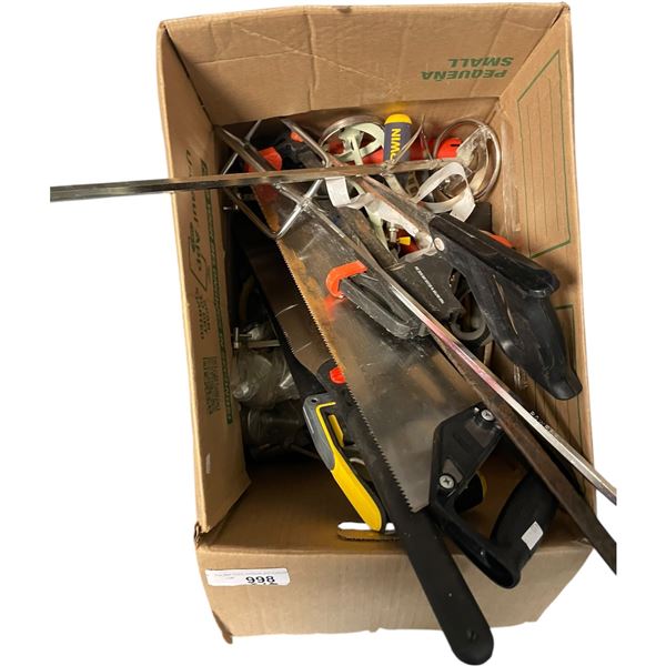 Box Full Of Assorted Tools, Hand Saws, Clamps, Mixers, Etc..