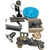 Image 2 : Tote Full Of Assorted Collectibles, Film Reels, Antique Car Wall Plaque, Candle Stick Telephone, Etc