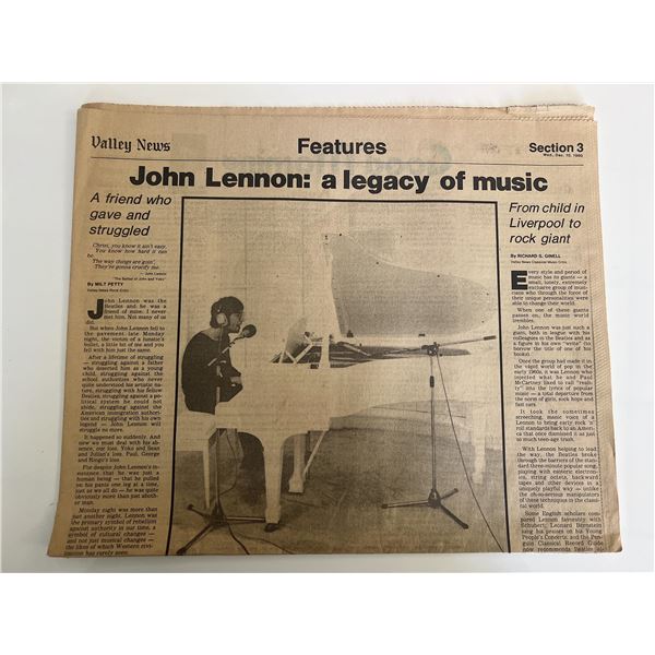 John Lennon Tribute newspaper Valley News 1980