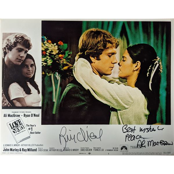 Love Story signed original 1970 vintage lobby card autographed by Ryan O'Neal and Ali MacGraw. 11x14