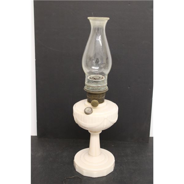 Aladdin Lincoln Drape Milk Glass Kerosene Lamp w/ Chimney- 22.5'' Tall Burner Hanger needs Repair
