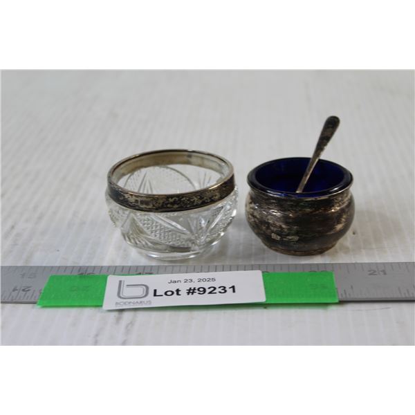 (2) Sterling Silver Open Salts - (1) Blue Colbalt