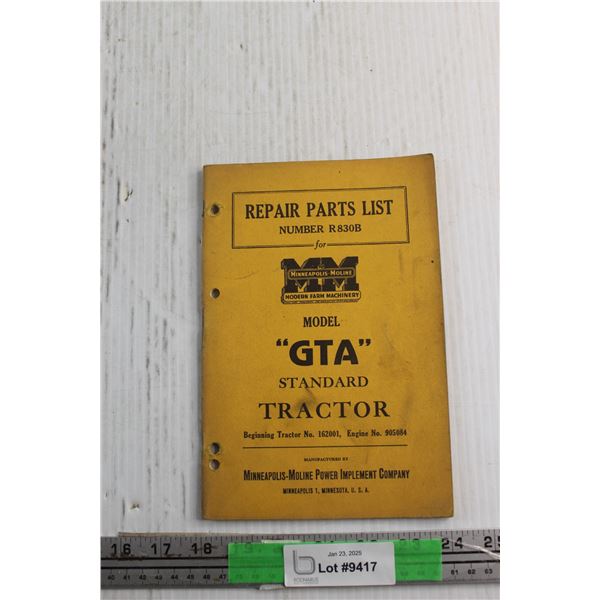 Minneapolis Moline GTA Model Standard Tractor Repair Parts List