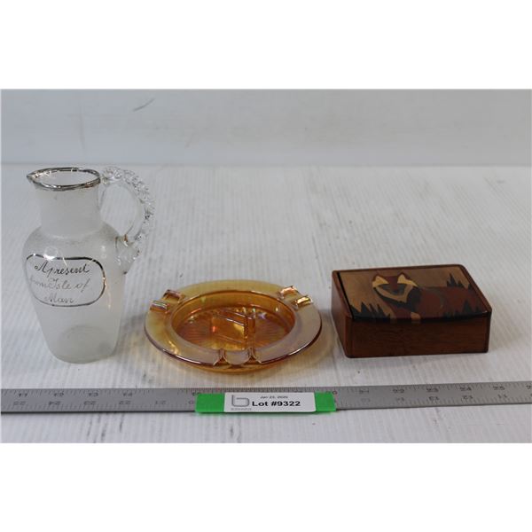 Pitcher, Carnival Glass Ashtray, Wooden Box