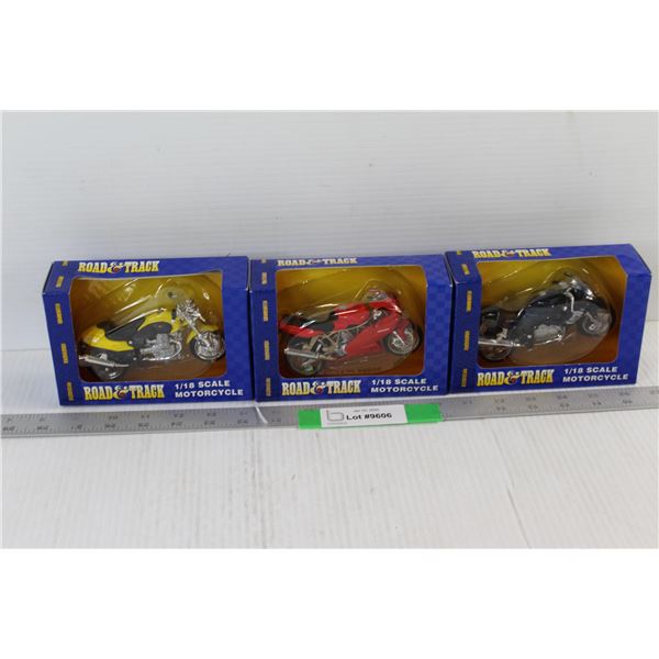 (3) Road Track 1/18 Die Cast Metal Motorcycles