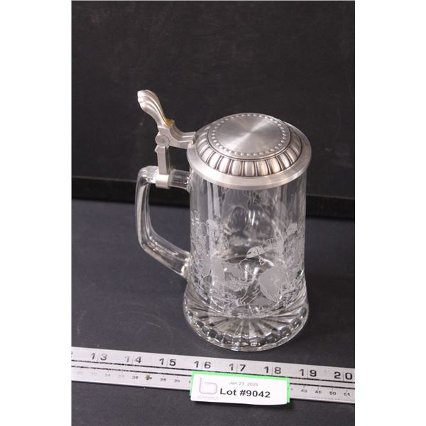 Domey Glass Etched Football Theme Beer Stein w/Pewter Top - 7" Tall