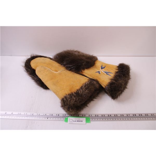 Indigenous Moose Hide & Beaver Fur Beaded Gauntlet Gloves - Consigner States Never Worn - 16" Length