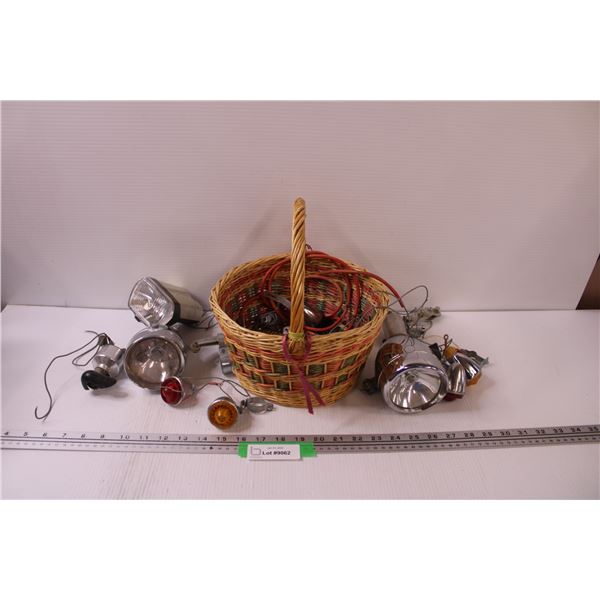 Vintage Bicycle Lights & Accessories Lot in Basket - As Is