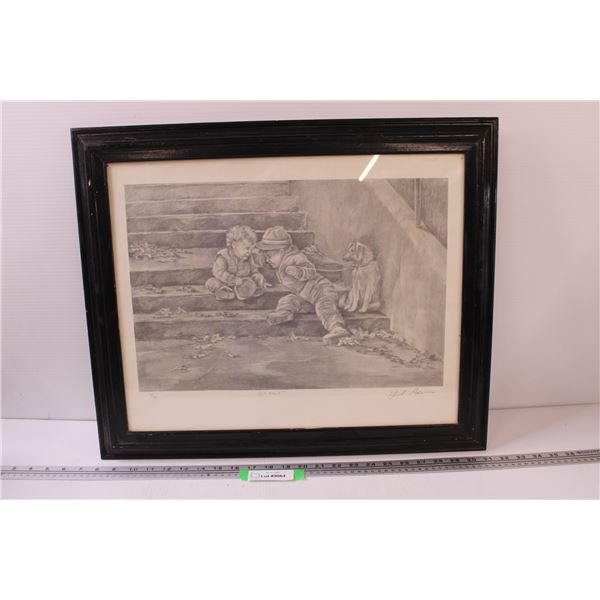 Gail Adams Pencil Drawing "Pals" Art Print 30/90 in Frame - 24" x 20"