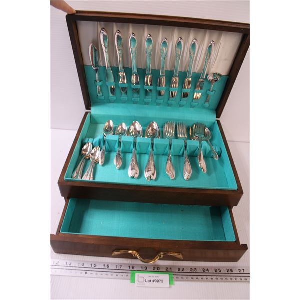 Community Plated Silverware in Wood Storage Case w/Drawer (Not Complete Set)