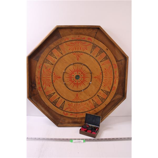 * Crokinole Board & Playing Pieces - 29" x 29" - Some Pegs Damaged/Missing