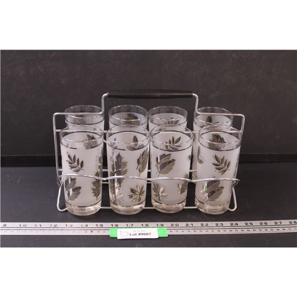 MCM Frosted Leaf Glass Set w/ Metal Caddy - Glasses (6" Tall) Holder (13" x 8" x 8")