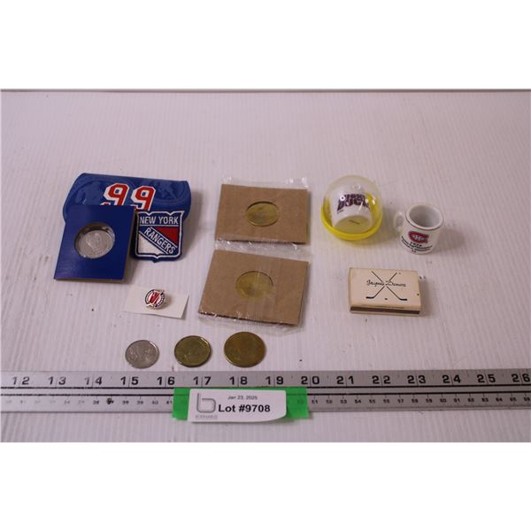 Wayne Gretzky Coin & NY Rangers Patch, Joe Sakic & Chris & Owen Nolan Pronger Coins, Mighty Ducks & 