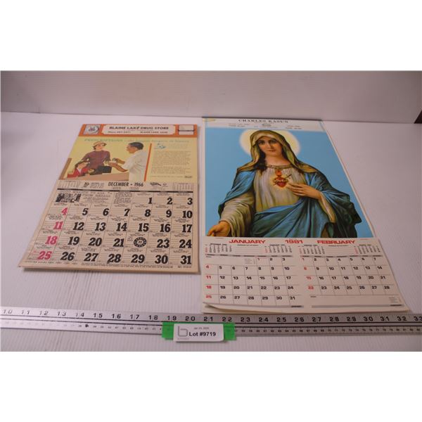 (2) Vintage Wall Calendars From Blaine Lake: 1966 Drug Store & 1981 Esso Kasun