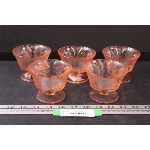 (5) Federal Glass Normandie Pink Glass Sherbet/Ice Cream Dishes - 3.5" x 2.65"