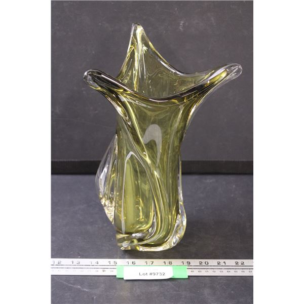 Green & Clear Art Glass Vase - 11.5" Tall