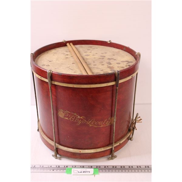 Vintage Boy Scout Wood Barrel Drum & Drum Sticks - 12" x 14"