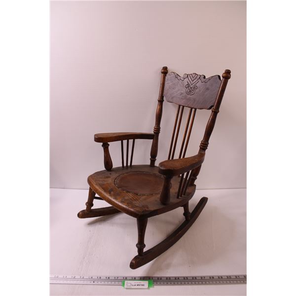 * Antique Children's Wooden Rocking Chair w/ Leather Centre Seat - Some Wear as Pictured - 23" x 19"