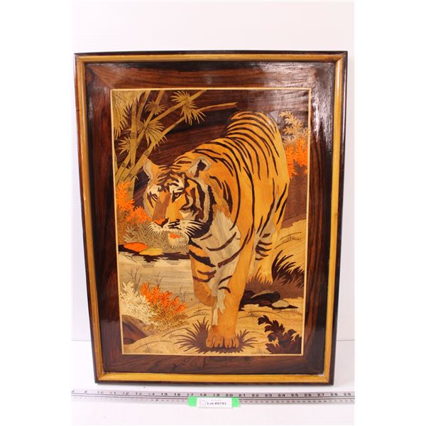 * Wood Inlay Tiger Art Picture in Wooden Frame - 25" x 19"