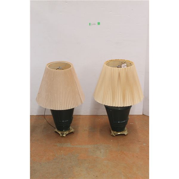 *(2) Green & Brass Lamps with Shades, As Is, Up to 27" Tall