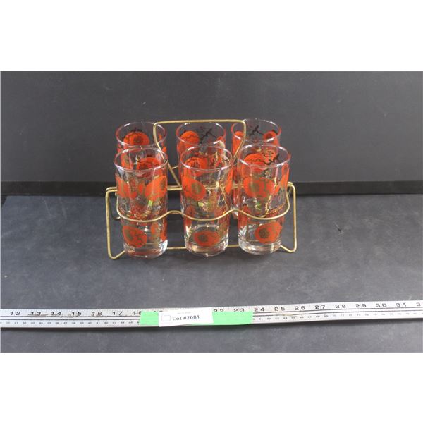 (6) Asian Lanterns Cocktail Glasses Set with Caddy