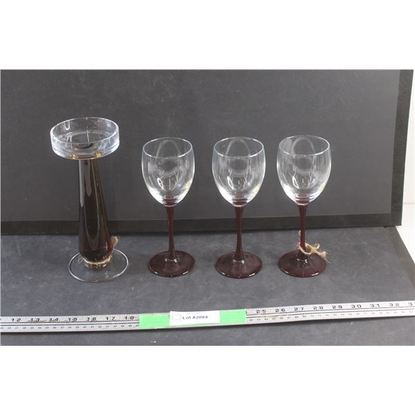 Art Glass Candle Holder and (3) Ruby Luminar Wine Goblets
