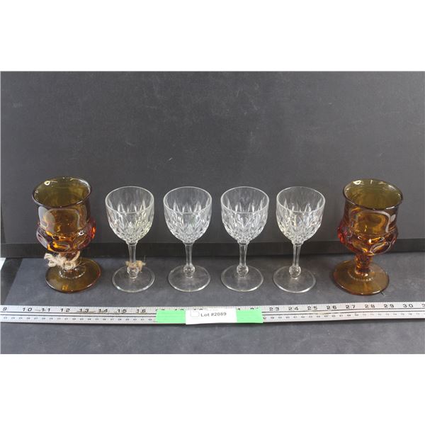 (4) Pressed Glass Glasses and (2) Amber Glass Goblets