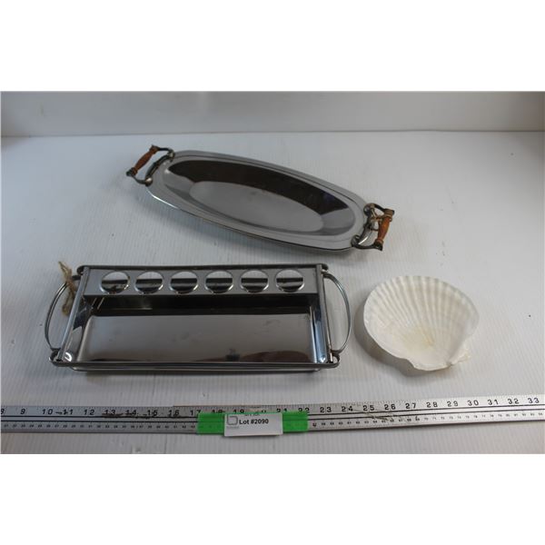 Slender Wooden Handled Mirrored Tray, Chrome 6 Liquor Shot Cup Tray and Shell