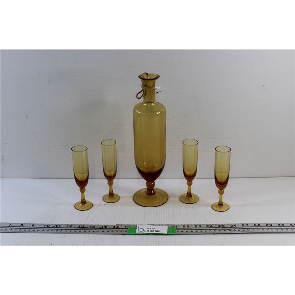 Amber Glass Decanter and Matching Stemmed Glasses
