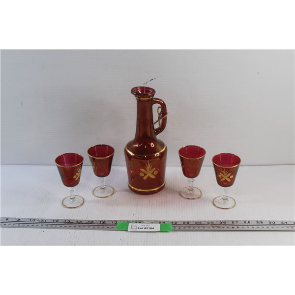 Canberry Glass Decanter and Matching Glasses w/ Gold Overlay