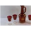 Image 2 : Canberry Glass Decanter and Matching Glasses w/ Gold Overlay