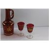 Image 3 : Canberry Glass Decanter and Matching Glasses w/ Gold Overlay