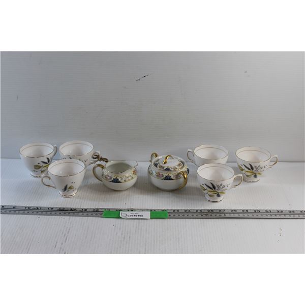 (6) Colclough Bone China Tea Cups and Noritake Gold Accented Floral Cream & Sugar Set